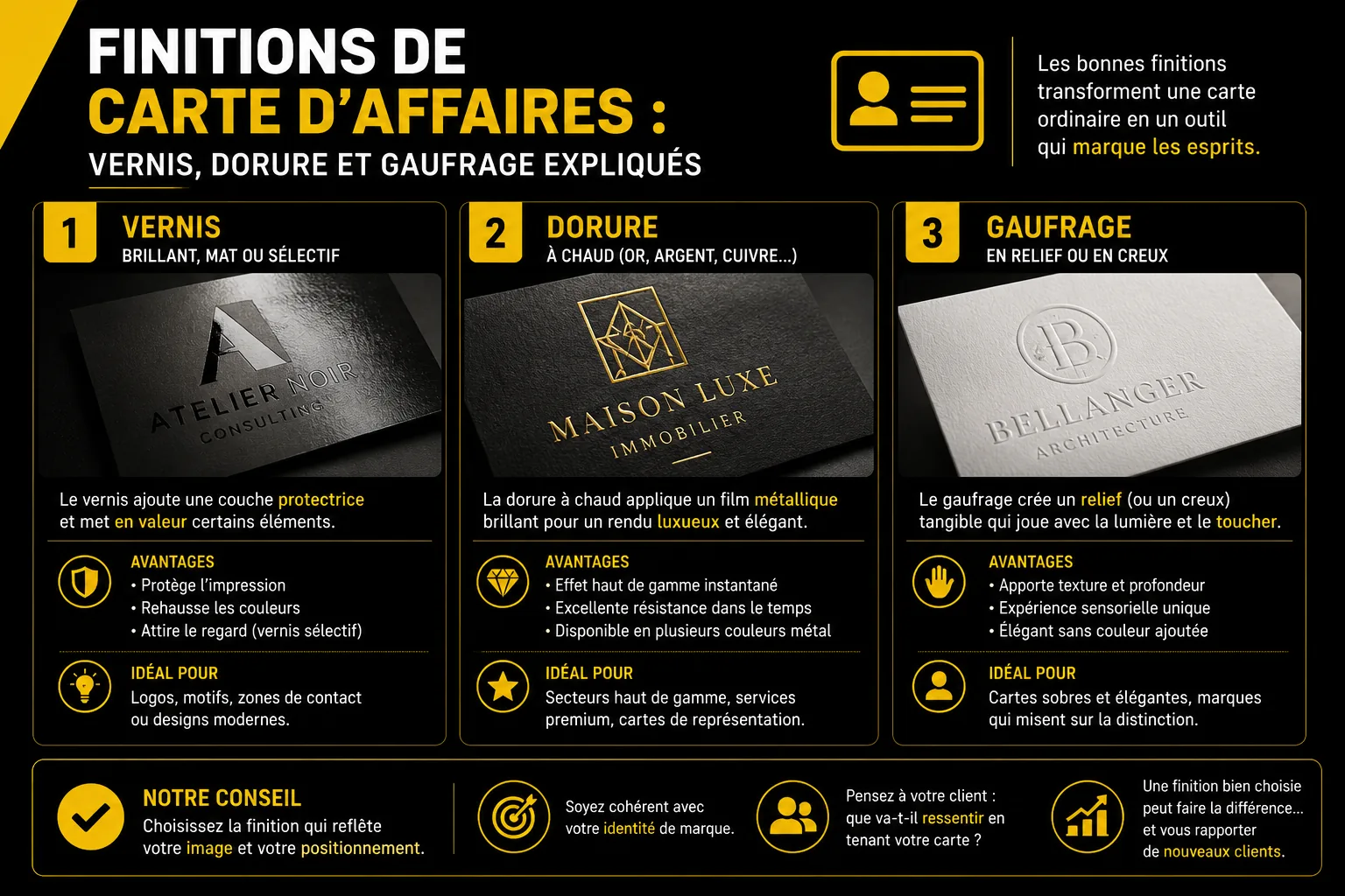 Finitions de carte d’affaires : vernis, dorure et gaufrage expliqués