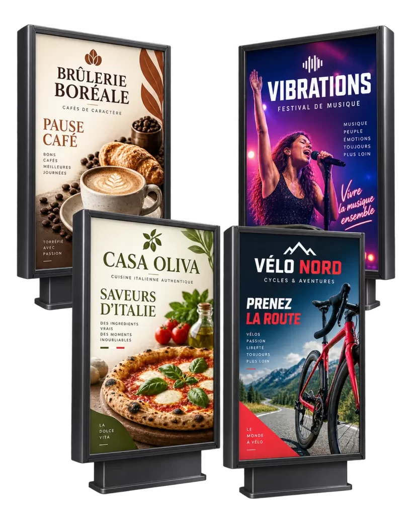 Exemples de visuels publicitaires grand format conçus pour des abribus