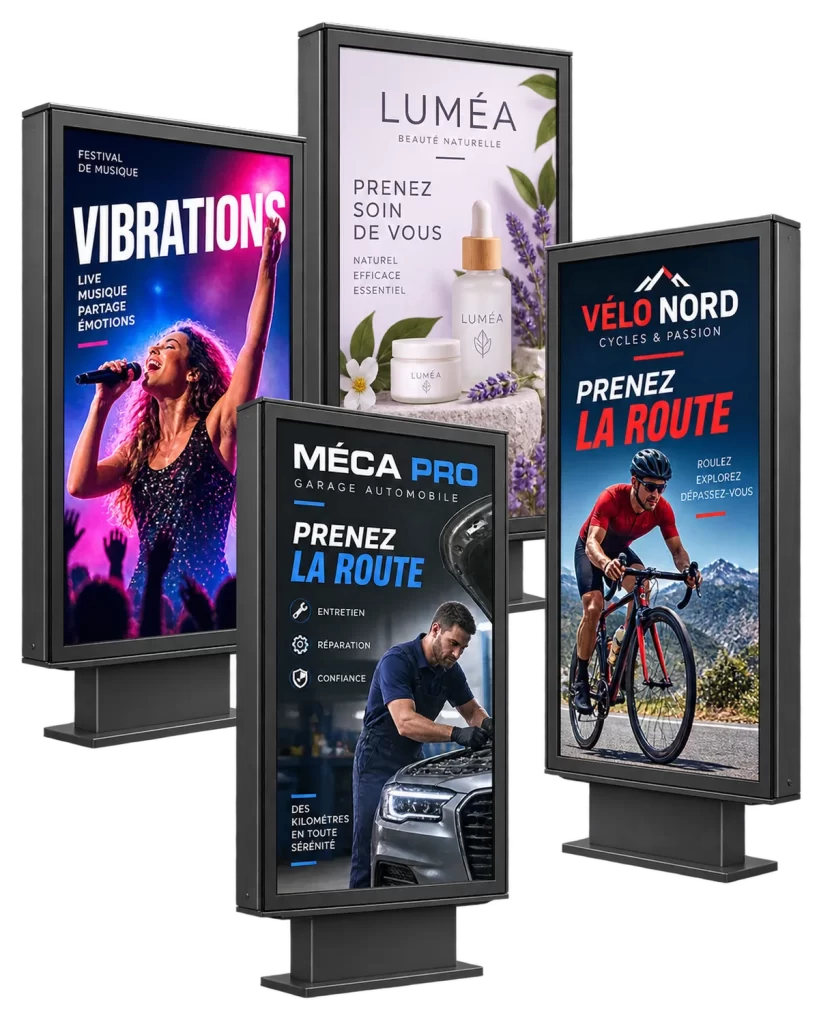 Exemples de visuels publicitaires grand format conçus pour des abribus