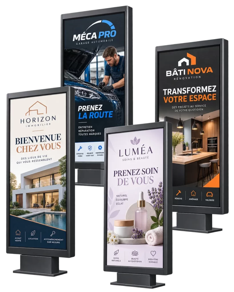 Exemples de visuels publicitaires grand format conçus pour des abribus