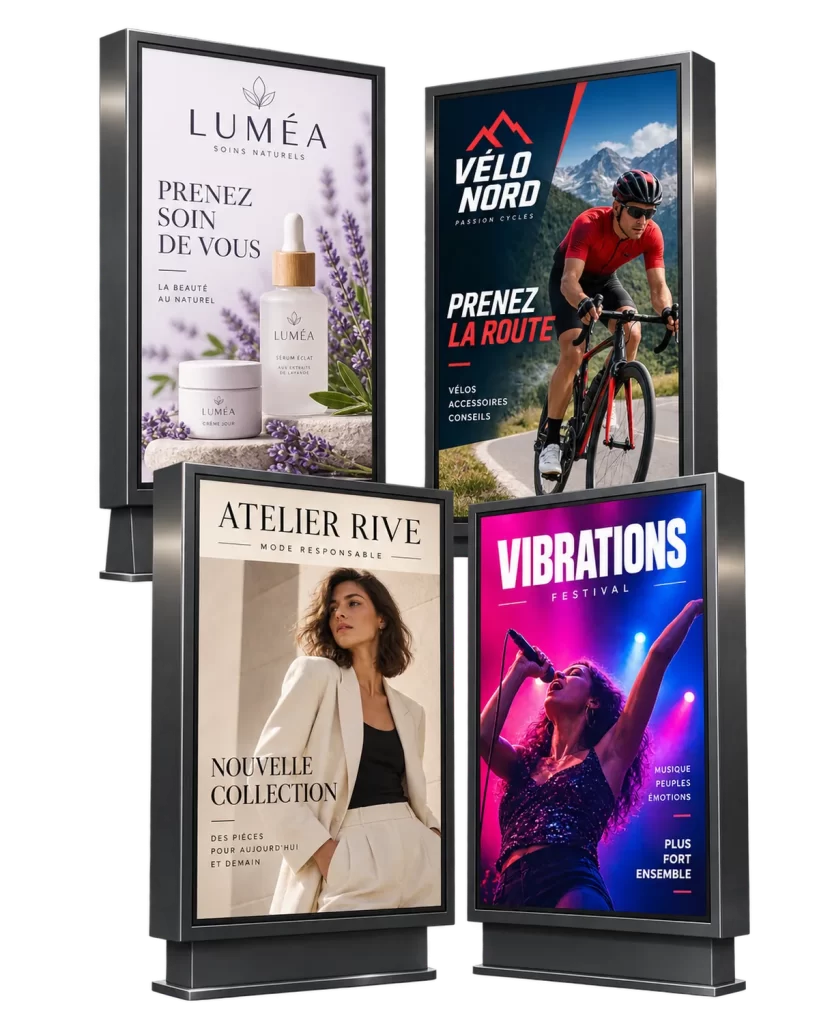 Exemples de visuels publicitaires grand format conçus pour des abribus