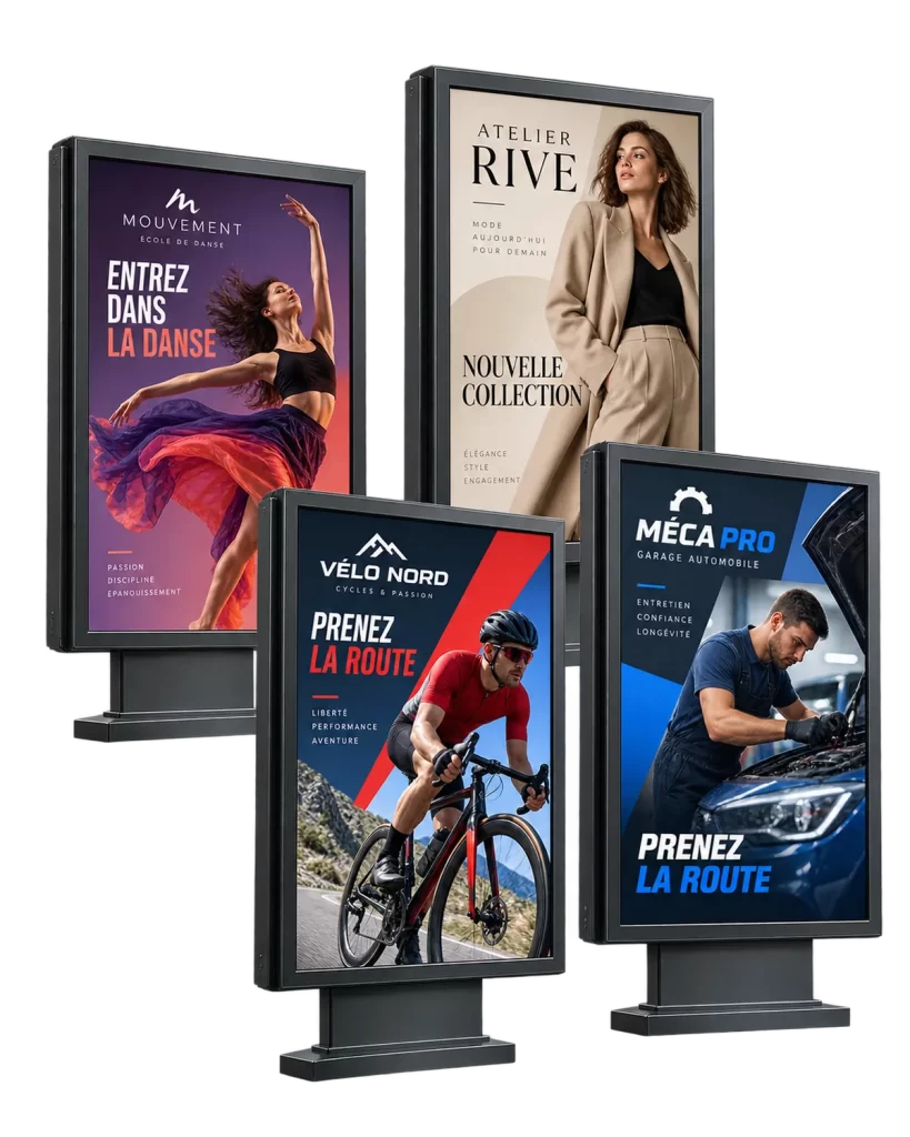 Exemples de visuels publicitaires grand format conçus pour des abribus