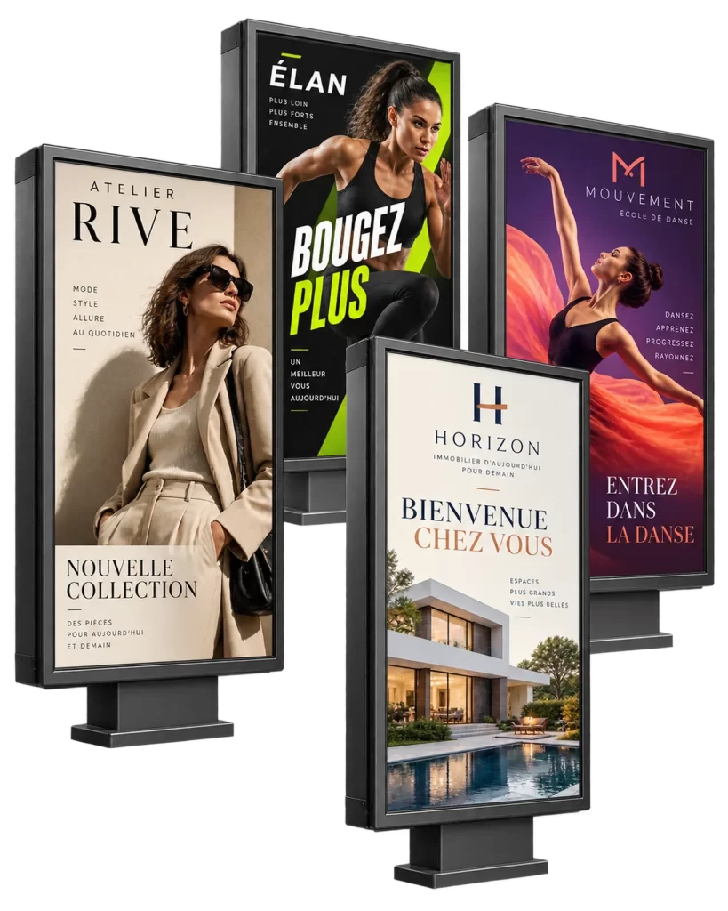 Exemples de visuels publicitaires conçus pour des abribus et du mobilier urbain