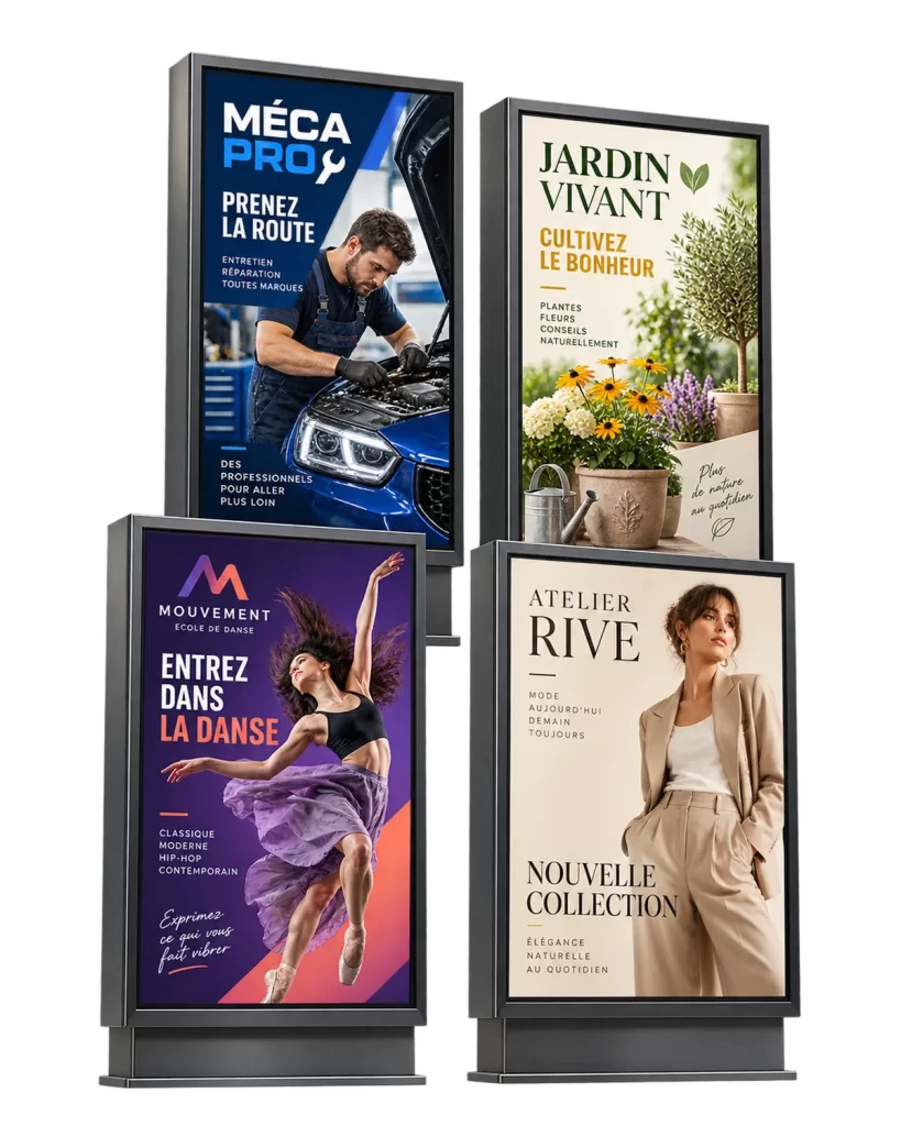 Exemples de visuels publicitaires grand format conçus pour des abribus