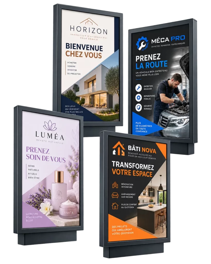 Exemples de visuels publicitaires grand format conçus pour des abribus