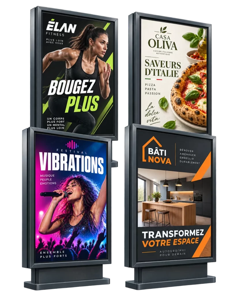 Exemples de visuels publicitaires grand format conçus pour des abribus
