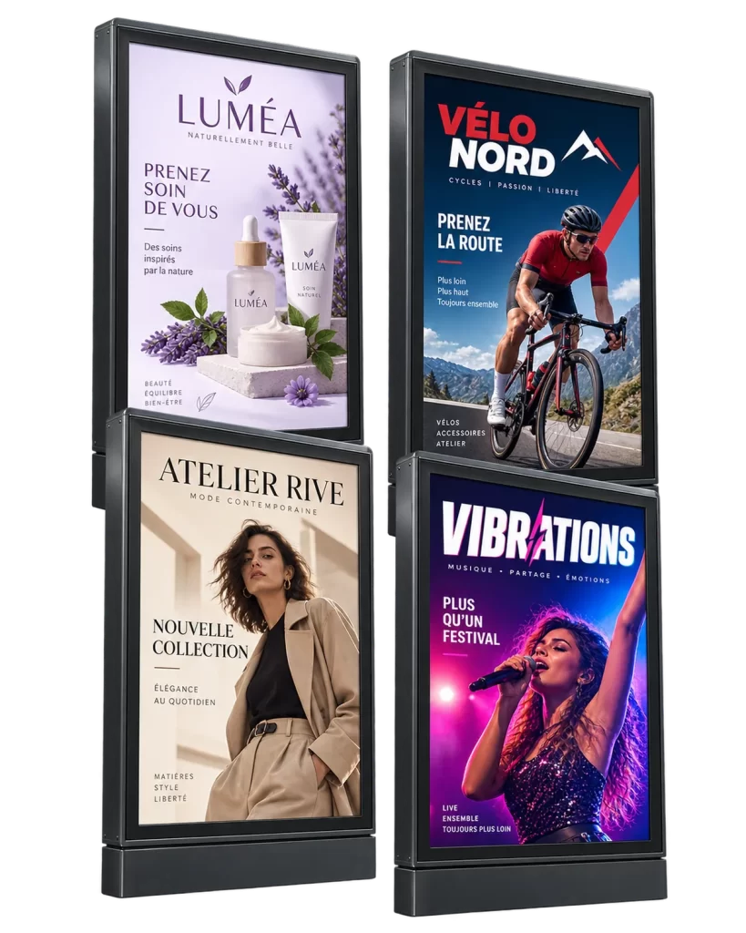 Exemples de visuels publicitaires grand format conçus pour des abribus