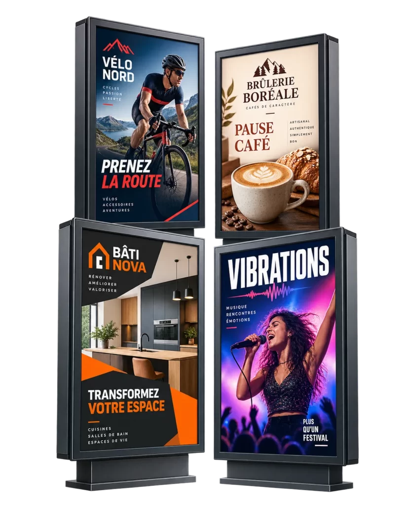 Exemples de visuels publicitaires grand format conçus pour des abribus