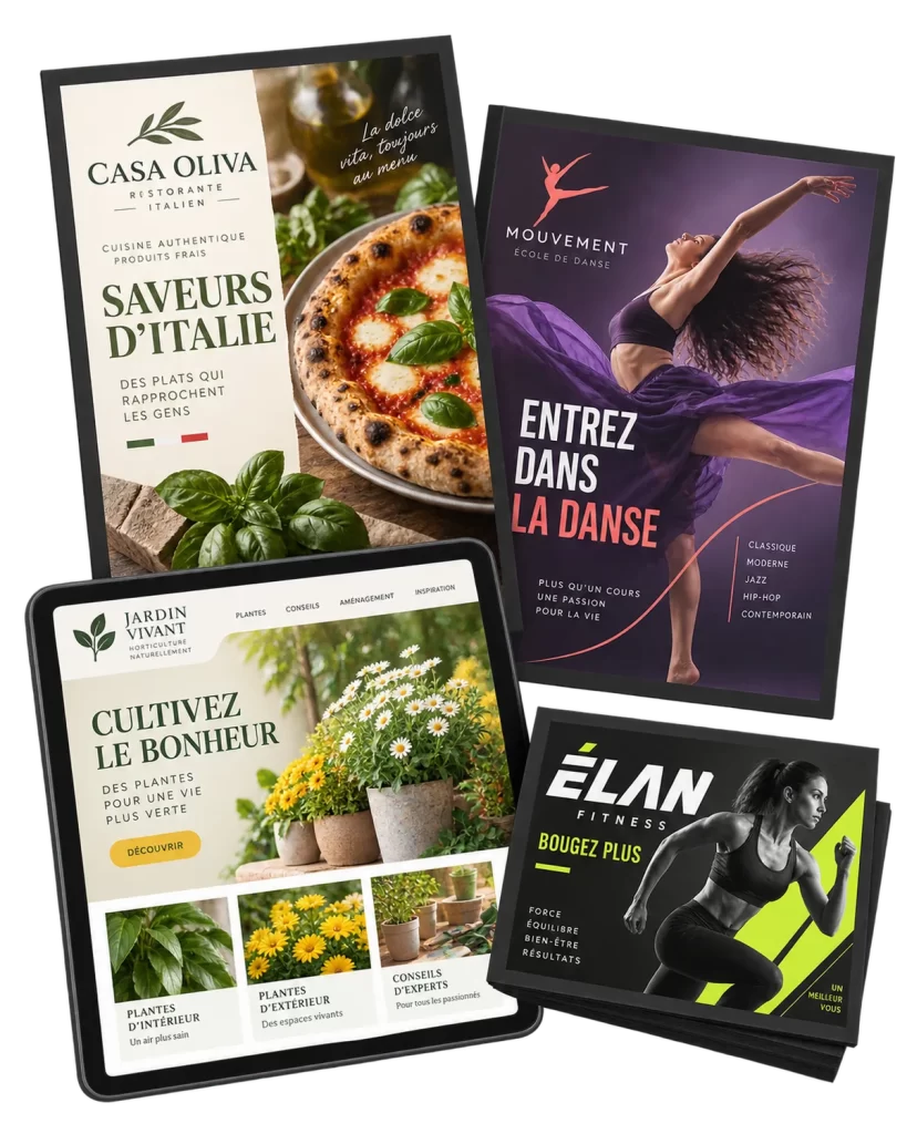 Exemples d’identités visuelles, d’affiches et de sites Web créés sur mesure