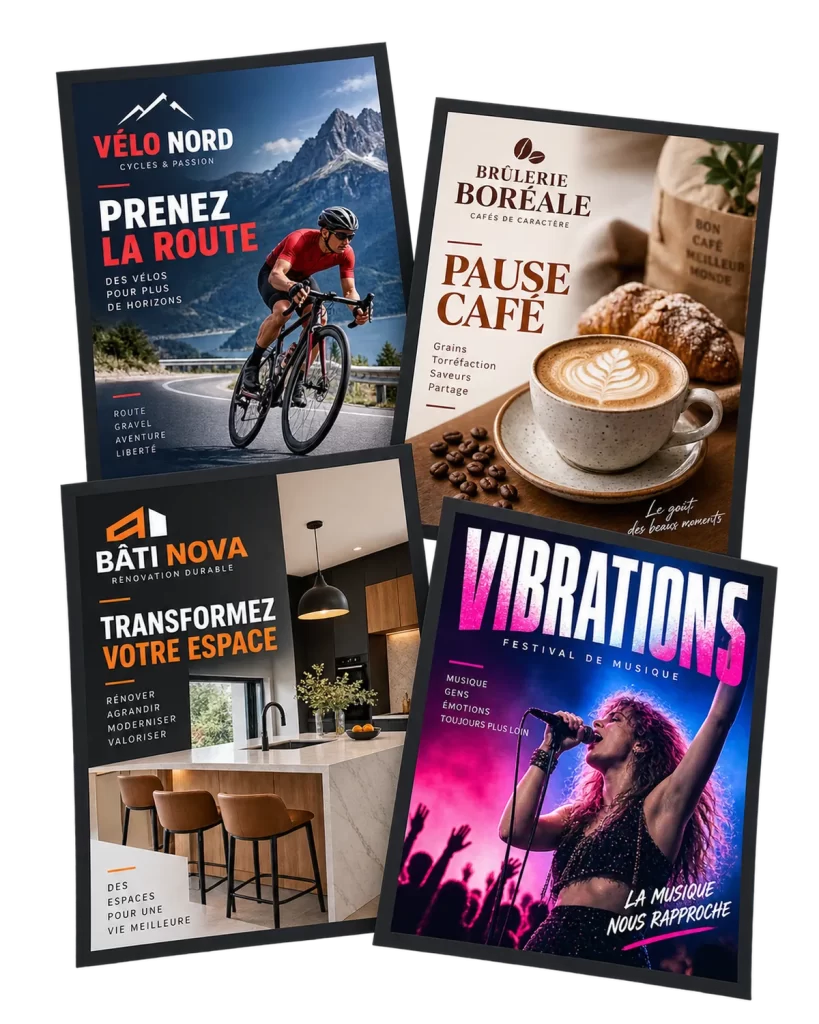 Affiches conçues sur mesure pour des commerces, des producteurs et des organismes