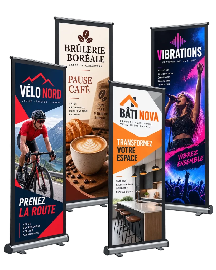 Exemples de bannières rétractables colorées conçues pour des commerces, des accueils et des événements