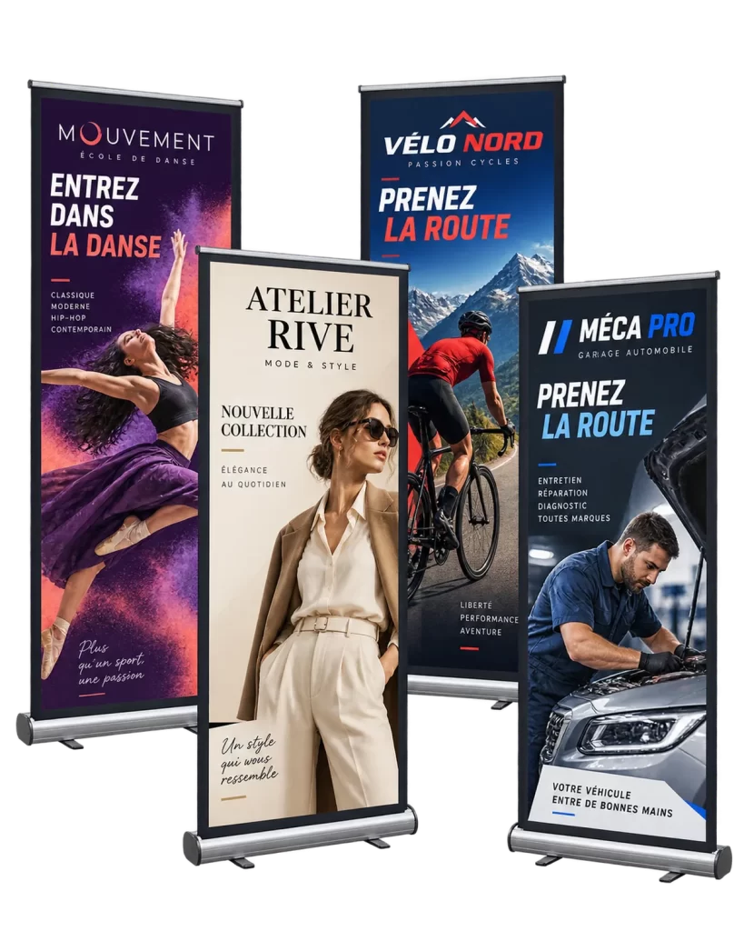 Exemples de bannières rétractables conçues sur mesure pour des kiosques et des événements
