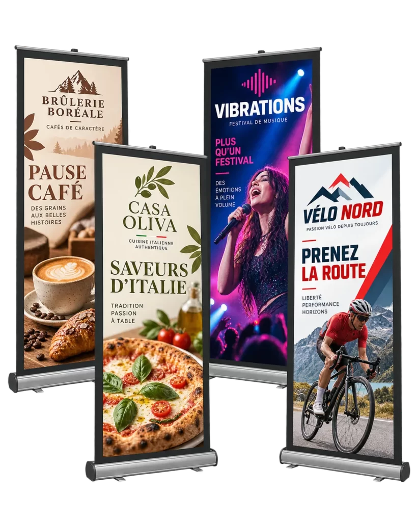 Exemples de bannières rétractables conçues sur mesure pour des kiosques et des événements