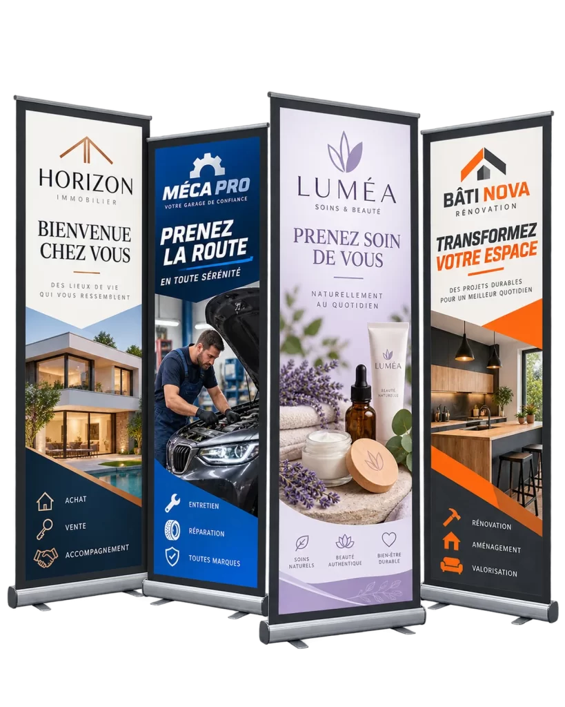 Exemples de bannières rétractables conçues sur mesure pour des kiosques et des événements