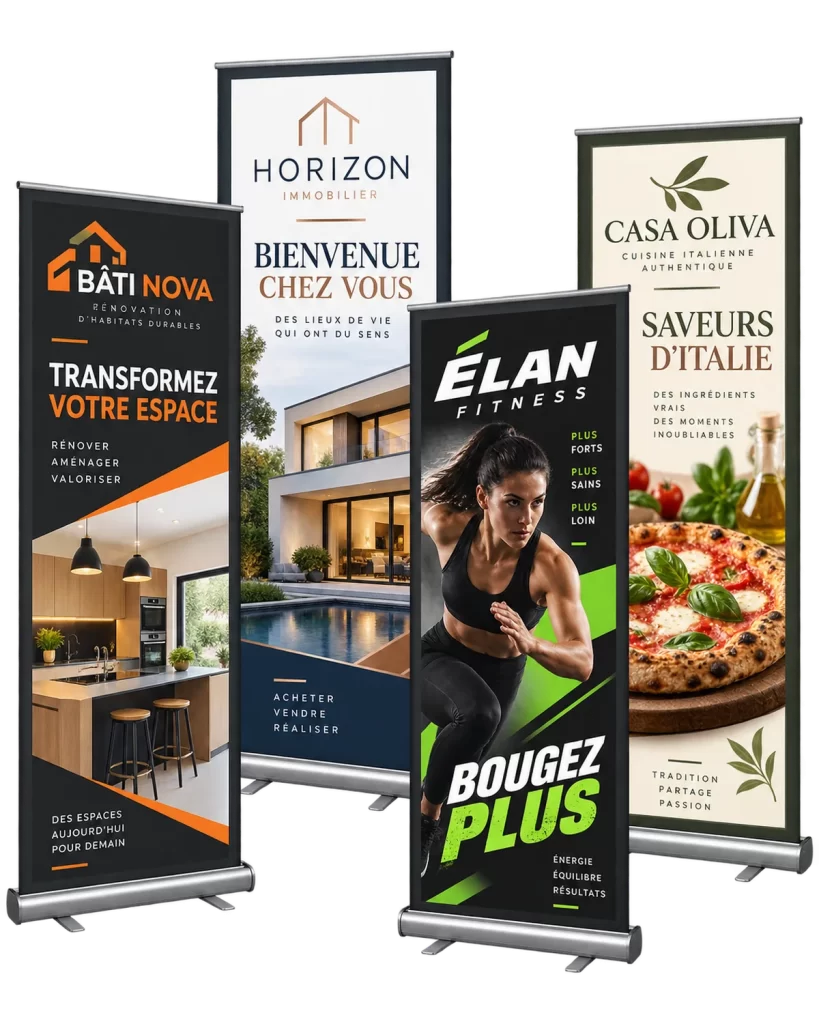 Exemples de bannières rétractables conçues sur mesure pour des kiosques et des événements