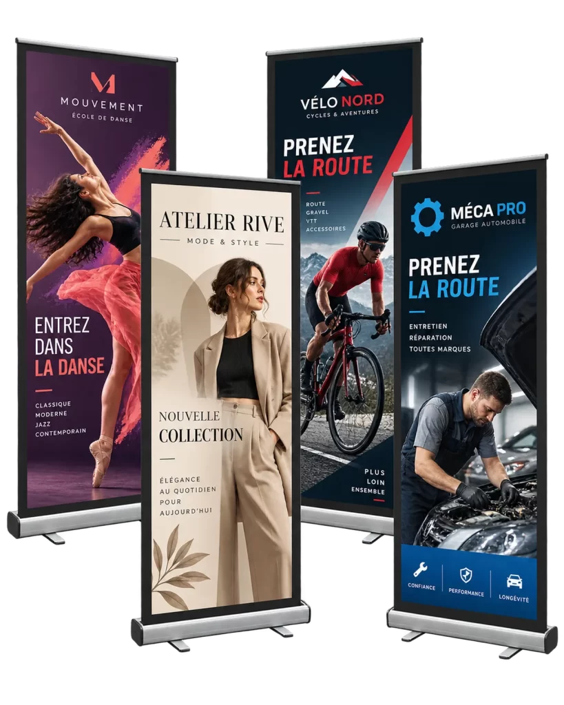 Exemples de bannières rétractables conçues sur mesure pour des kiosques et des événements
