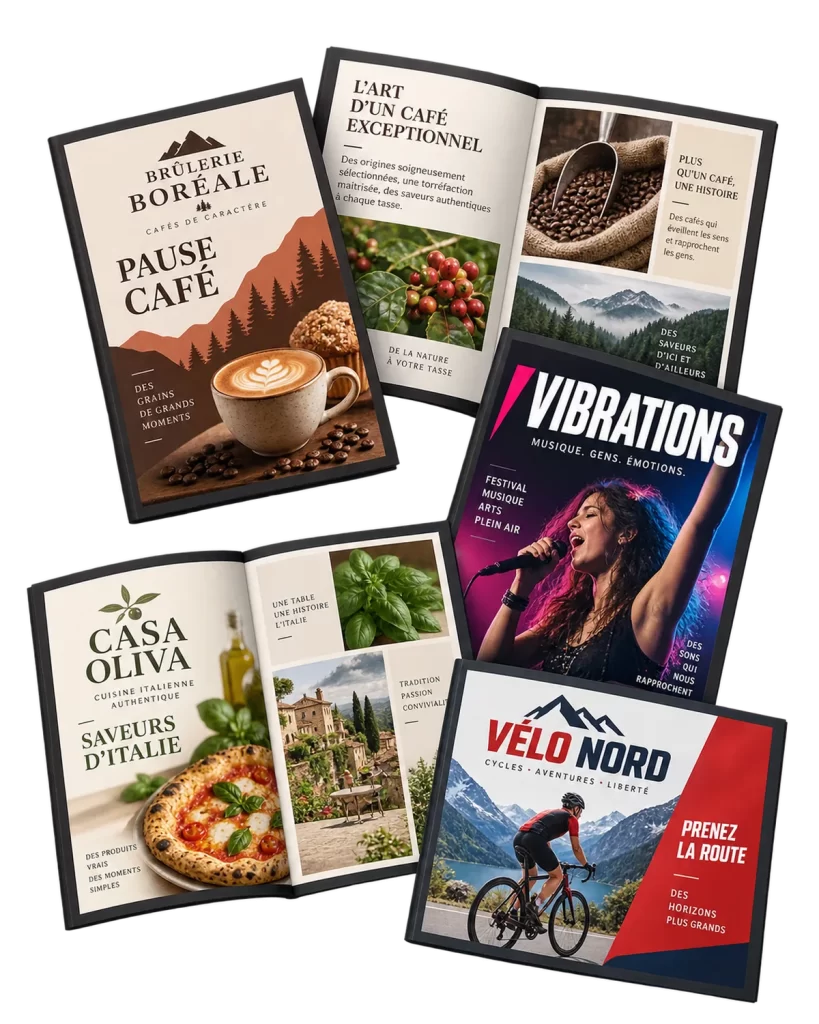 Dépliants et brochures colorés conçus pour des commerces et des services de proximité