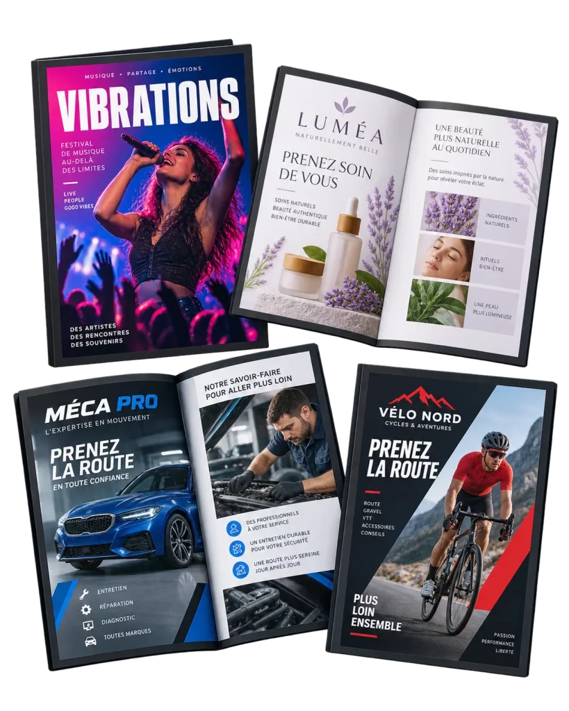 Dépliants et brochures colorés conçus pour des commerces et des services de proximité