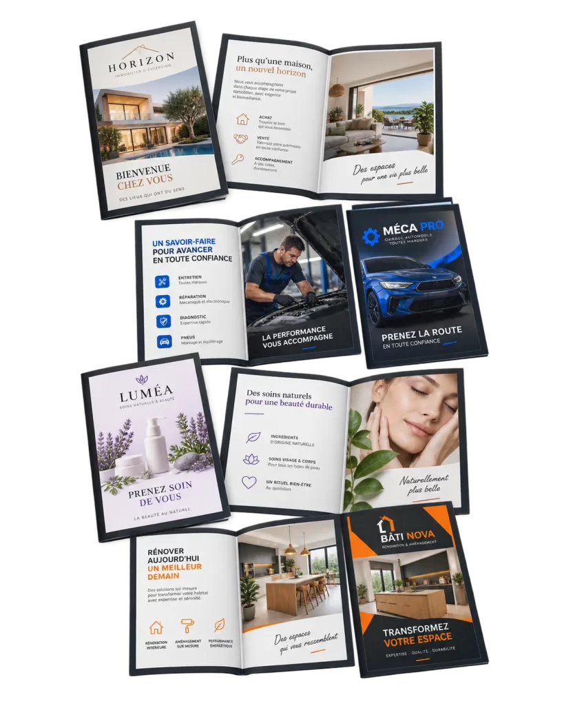 Dépliants et brochures colorés conçus pour des commerces et des services de proximité