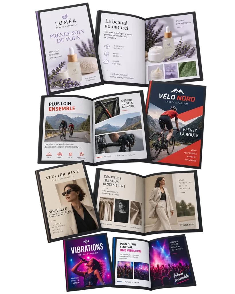 Dépliants et brochures colorés conçus pour des commerces et des services de proximité