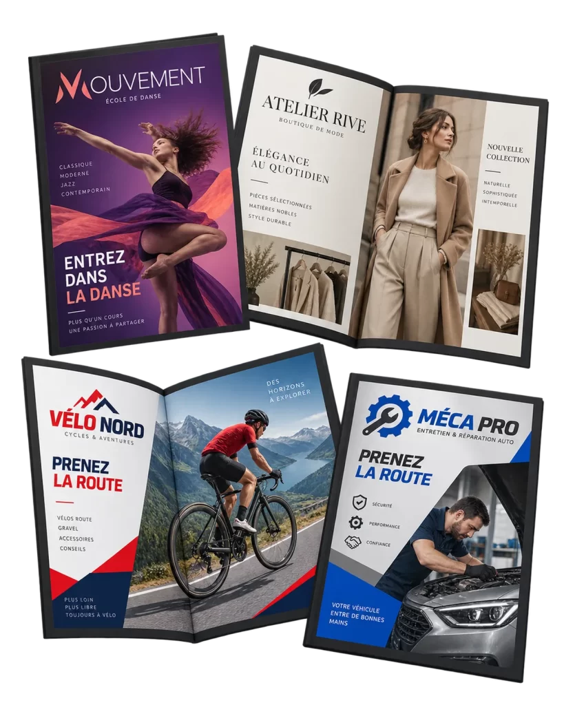 Dépliants et brochures colorés conçus pour des commerces et des services de proximité