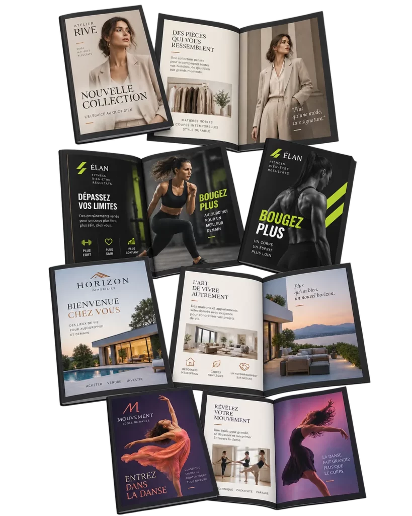 Dépliants et brochures colorés conçus pour des commerces et des services de proximité
