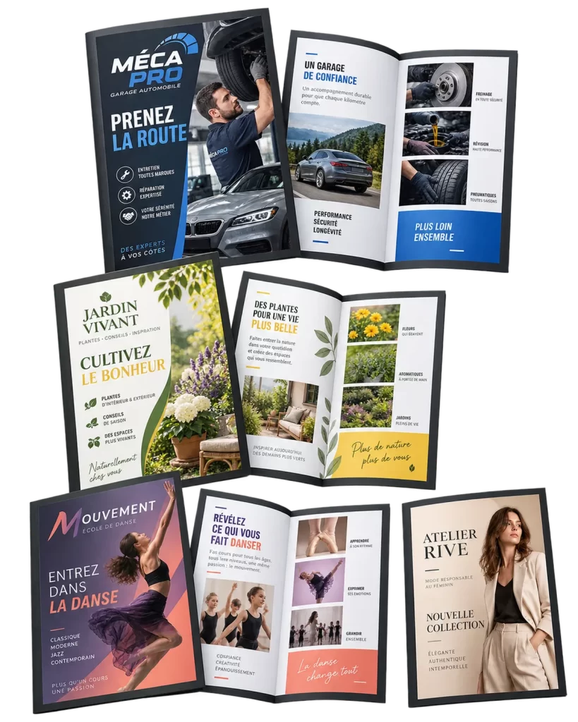 Dépliants et brochures colorés conçus pour des commerces et des services de proximité