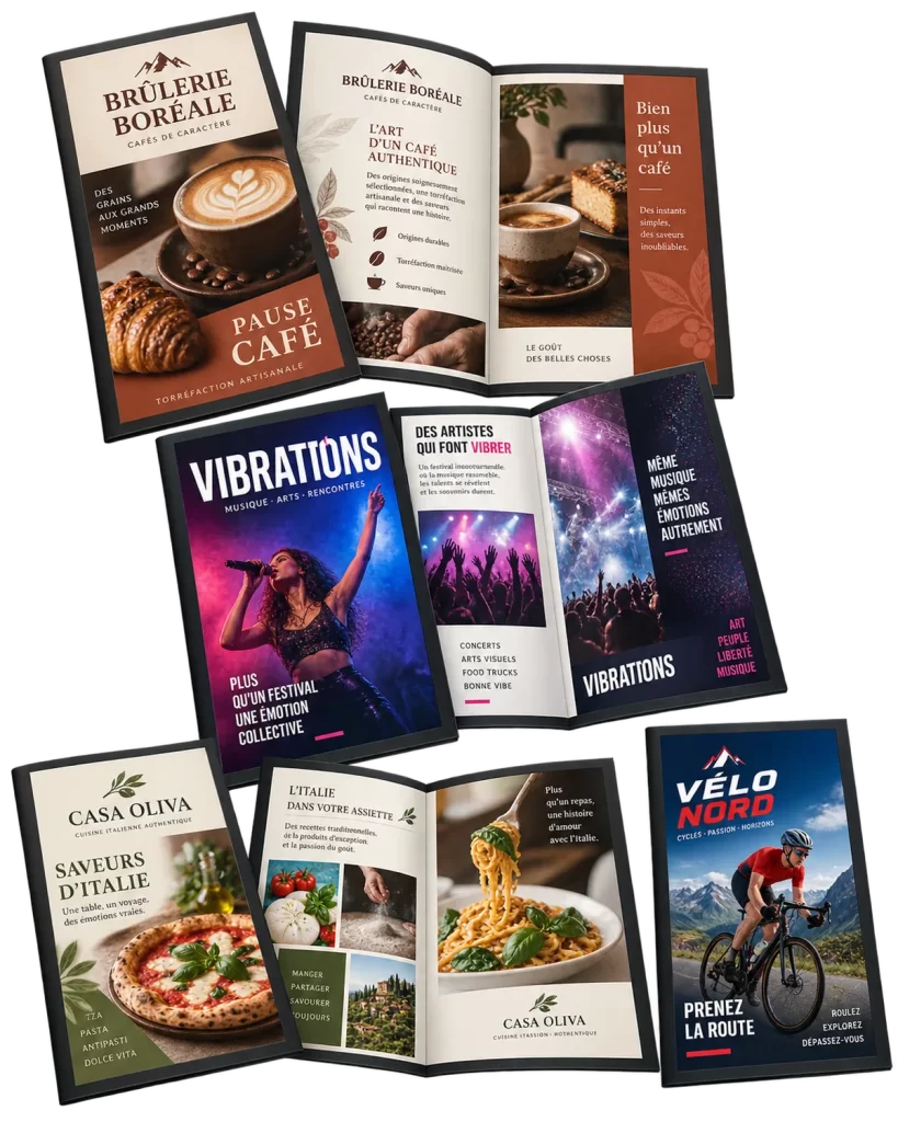 Dépliants et brochures colorés conçus pour des commerces et des services de proximité