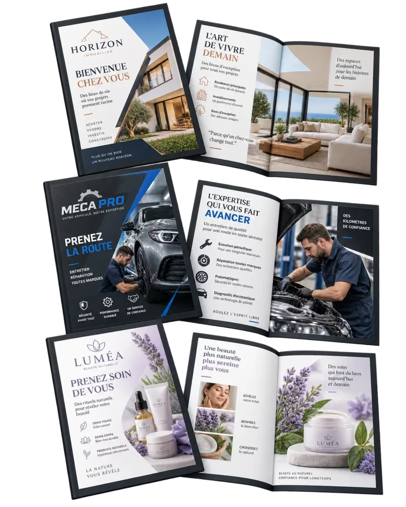 Dépliants et brochures colorés conçus pour des commerces et des services de proximité