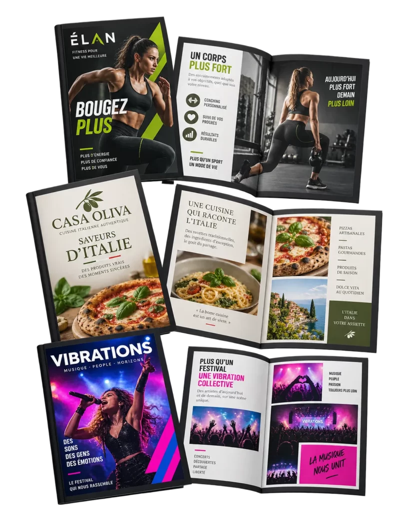 Dépliants et brochures colorés conçus pour des commerces et des services de proximité