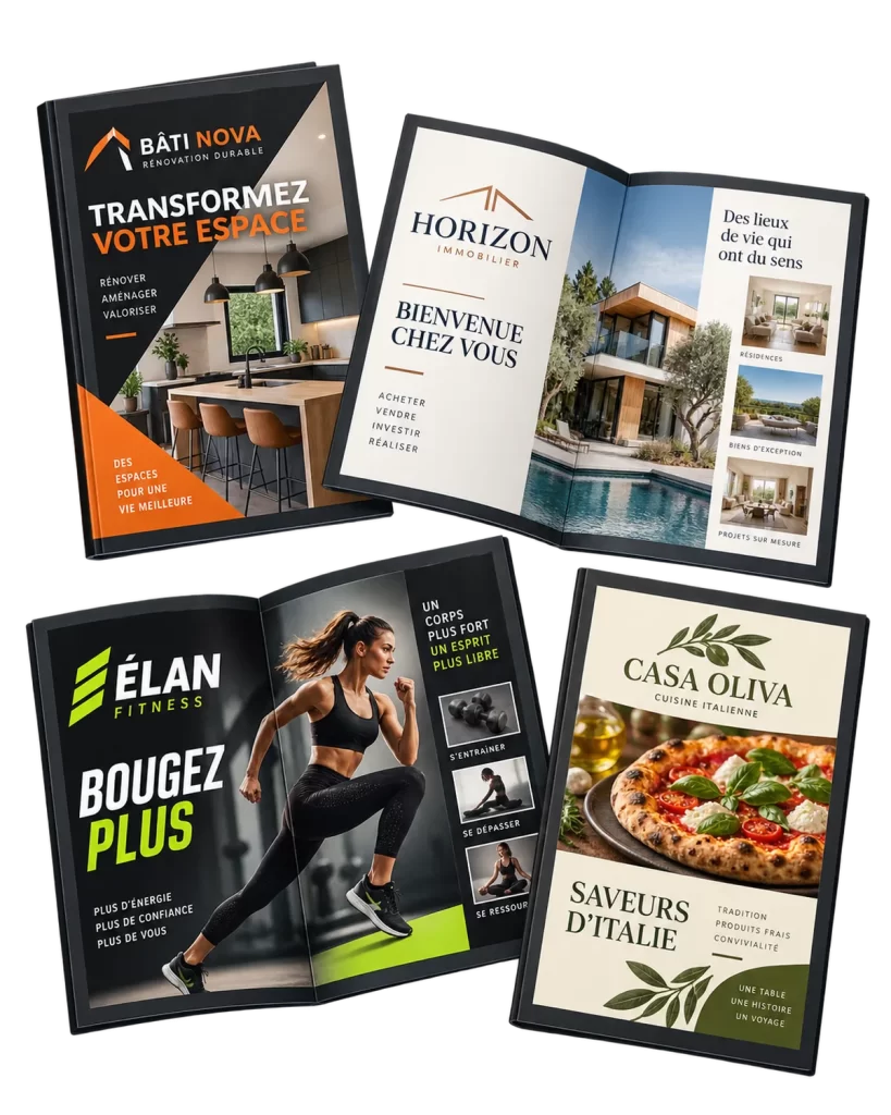Exemples de brochures harmonisées avec une identité visuelle, couleurs et typographies