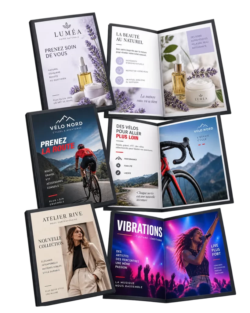 Dépliants et brochures colorés conçus pour des commerces et des services de proximité