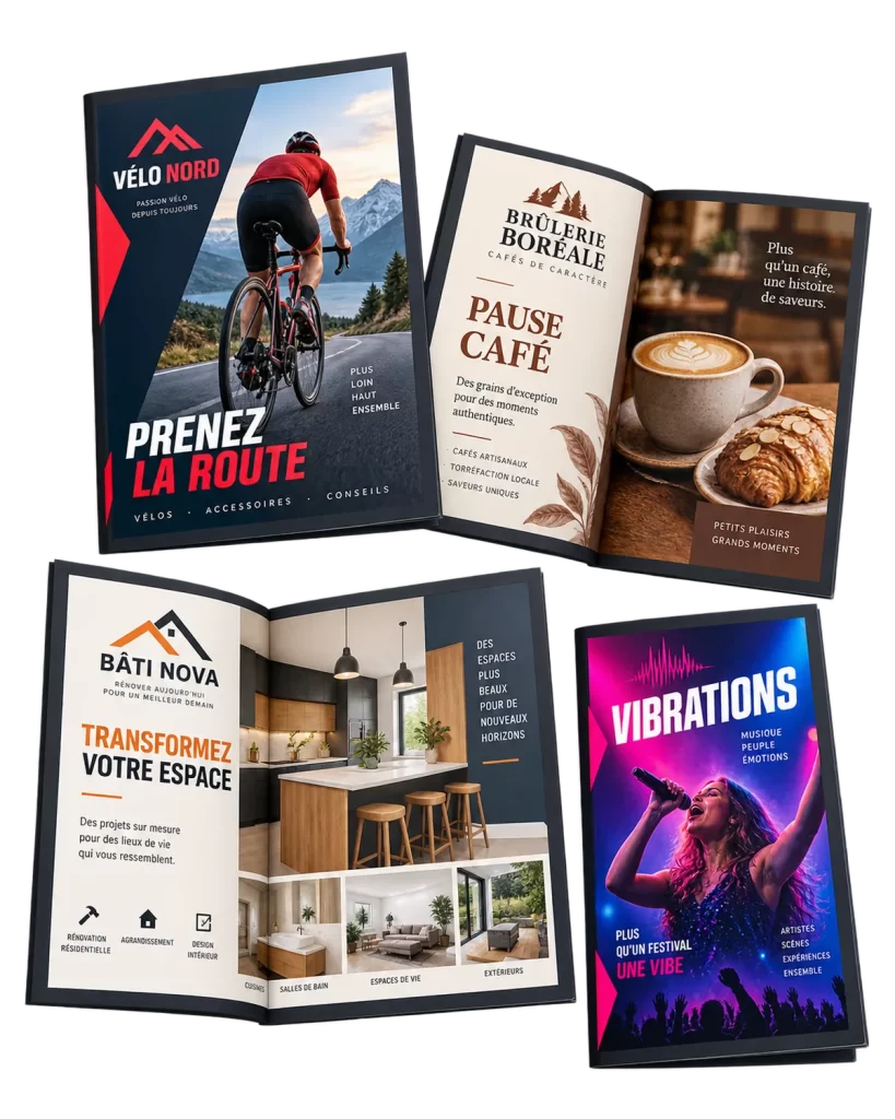Dépliants et brochures colorés conçus pour des commerces et des services de proximité