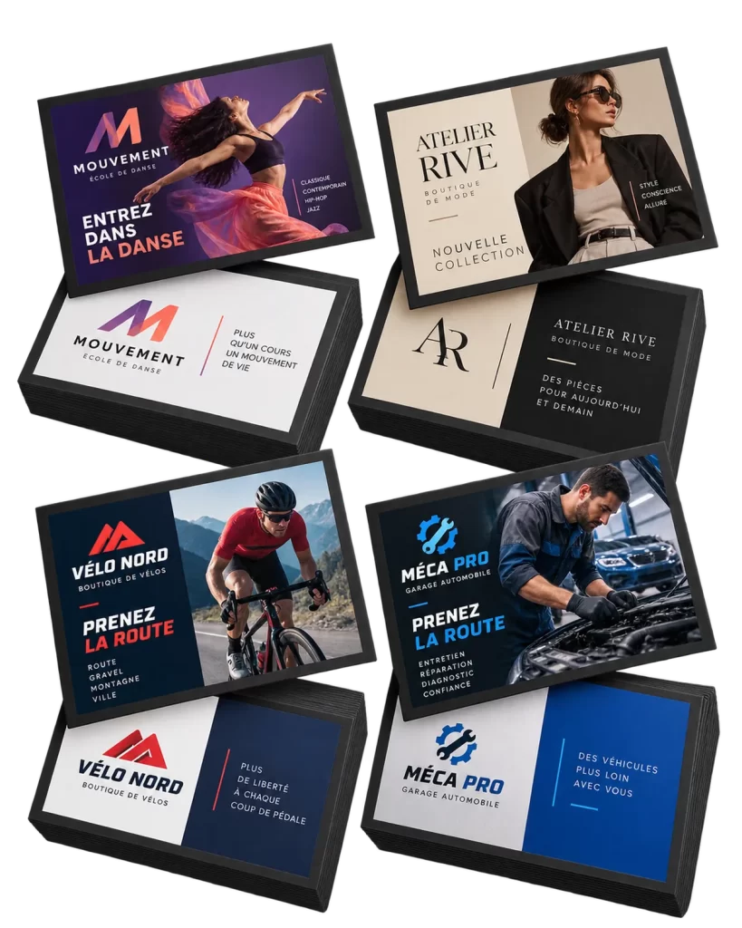 Exemples de cartes d’affaires conçues sur mesure, présentées recto et verso