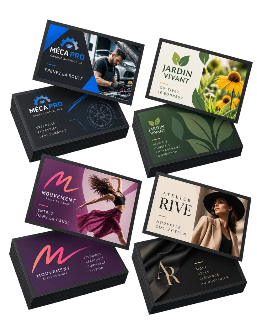 Exemples de cartes d’affaires conçues sur mesure, présentées recto et verso