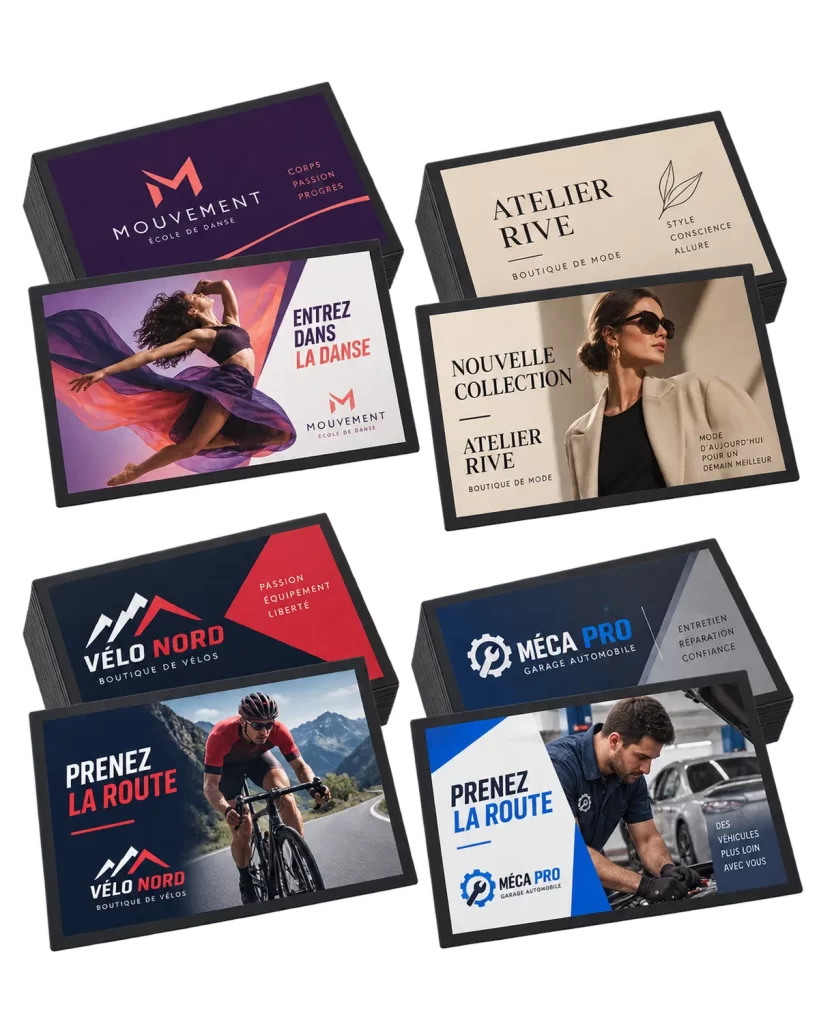 Exemples de cartes d’affaires conçues sur mesure, présentées recto et verso