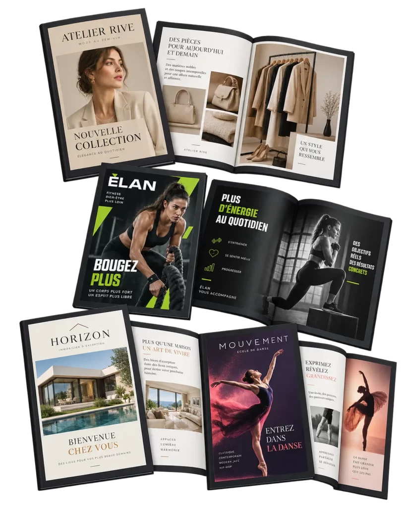 Pages de catalogue mettant en valeur des produits avec de grandes photos et une mise en page aérée