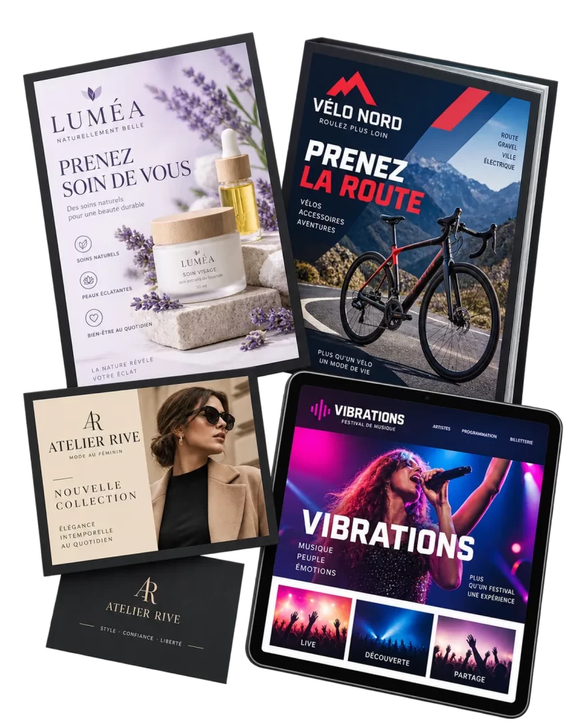 Exemples de supports graphiques conçus sur mesure : logo, cartes d’affaires, brochures et affiches