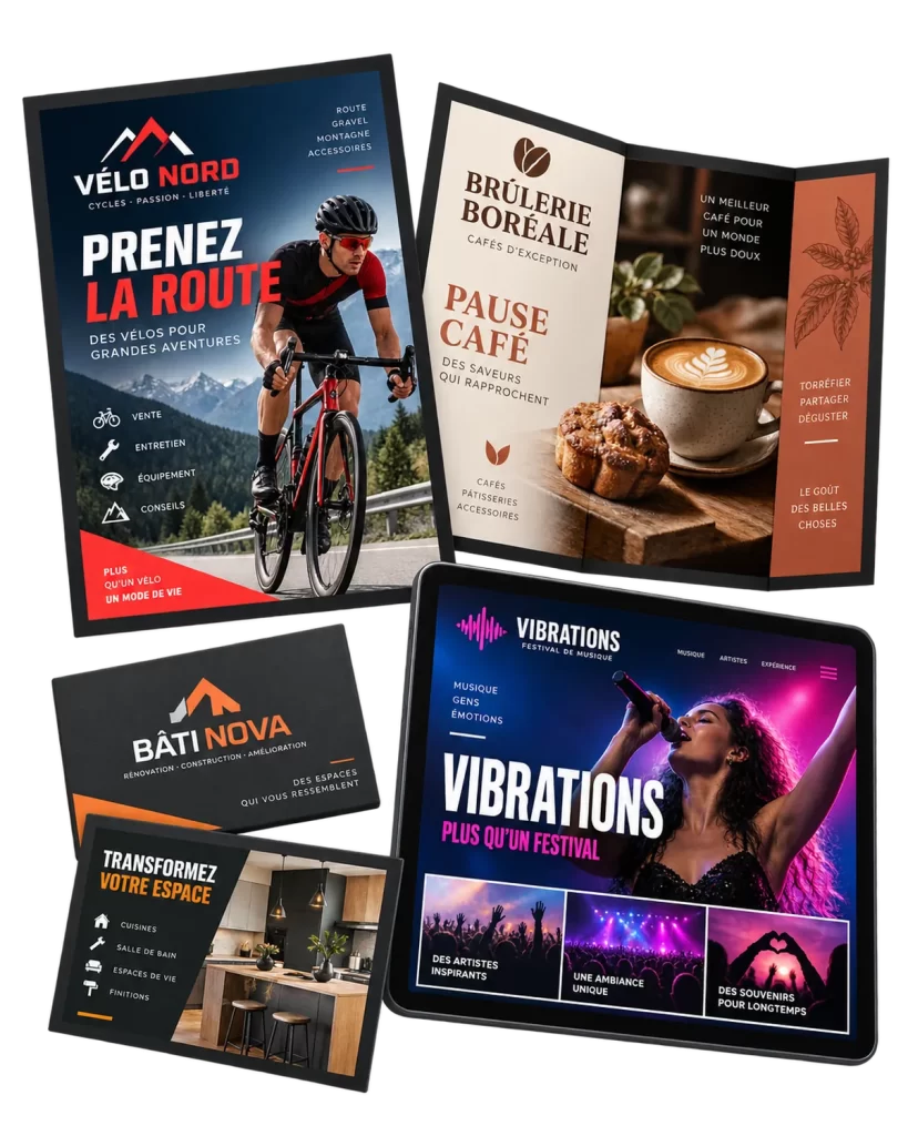 Exemples de supports graphiques conçus sur mesure : logo, cartes d’affaires, brochures et affiches