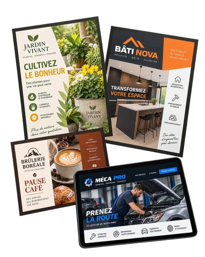 Exemples de supports graphiques conçus sur mesure : logo, cartes d’affaires, brochures et affiches
