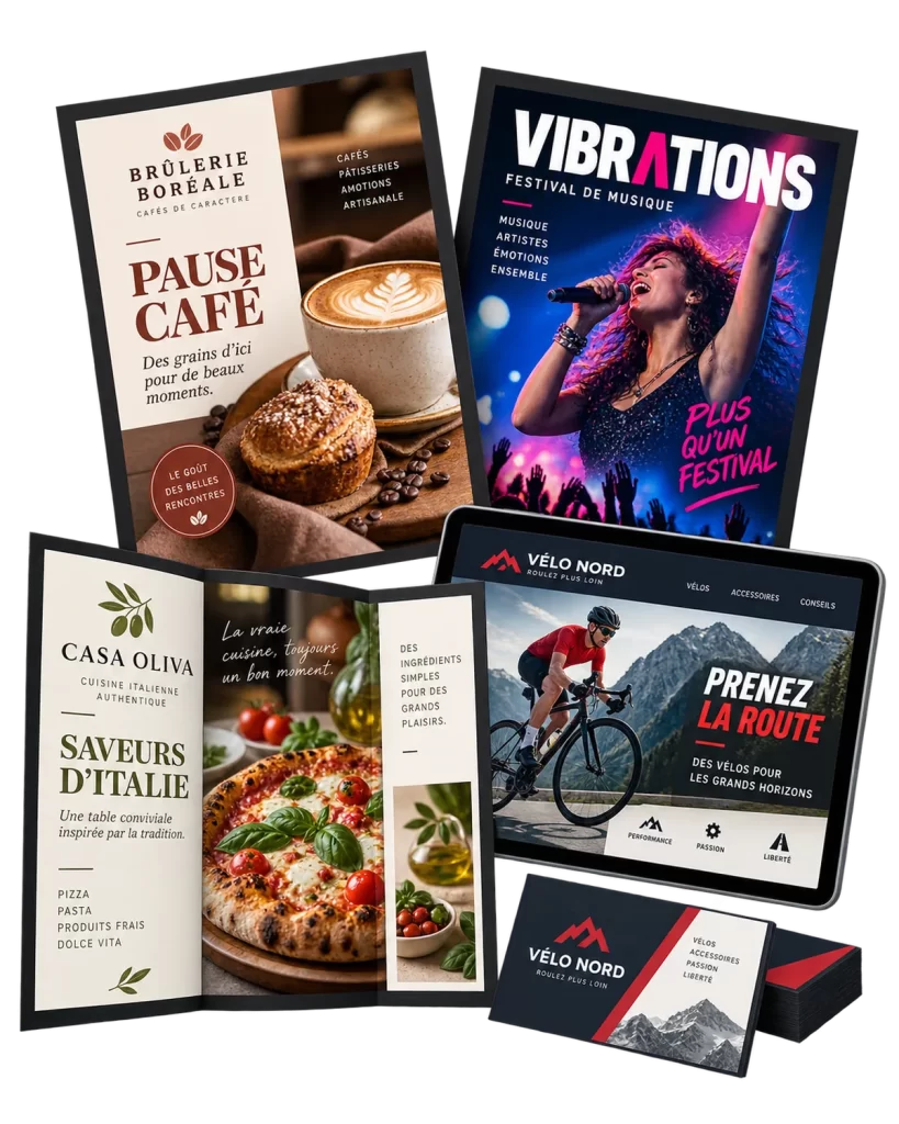 Exemples de supports graphiques conçus sur mesure : logo, cartes d’affaires, brochures et affiches